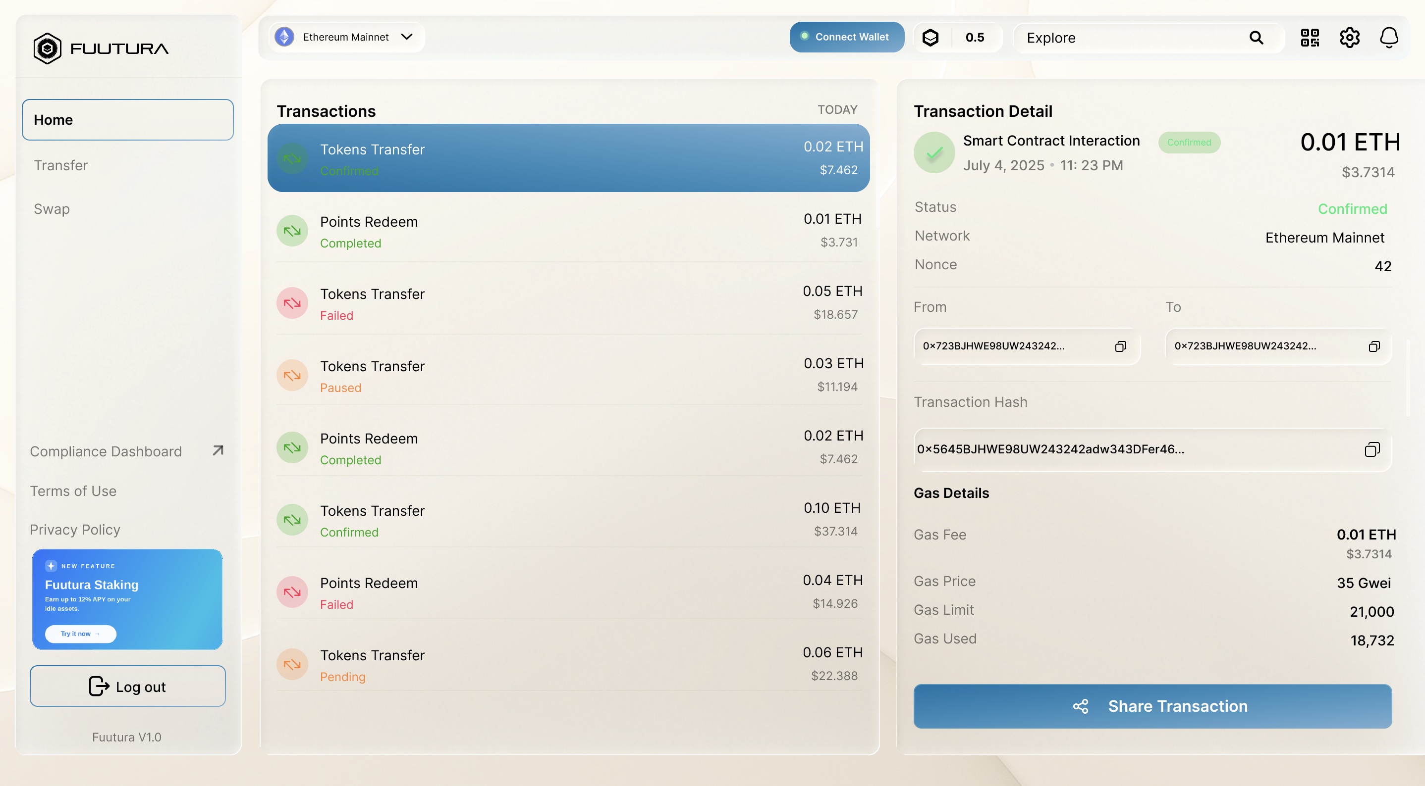 Fuutura Wallet swap interface